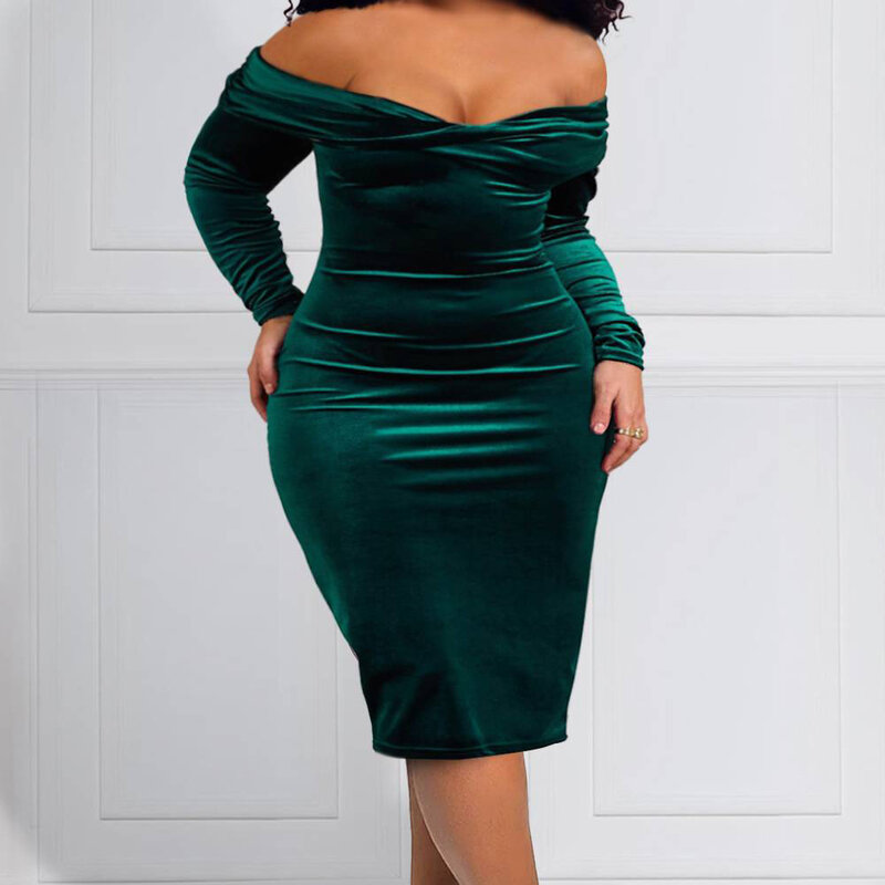 Vestido Midi semiformal de talla grande, elegante, color verde esmeralda, hombros descubiertos, manga 3/4, terciopelo, Otoño e Invierno