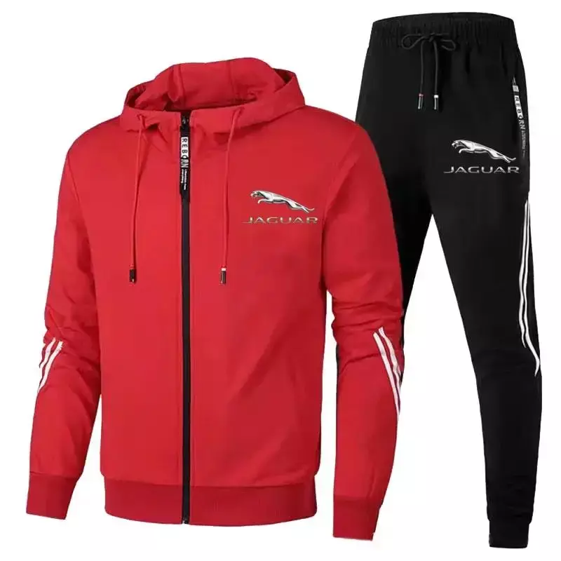 Men Jaguar Car Logo Print 2 Piece Sets Sportswear Zip Hooded Sweatshirt+Pants Gym Running Men Clothing 2023 New Tracksuit