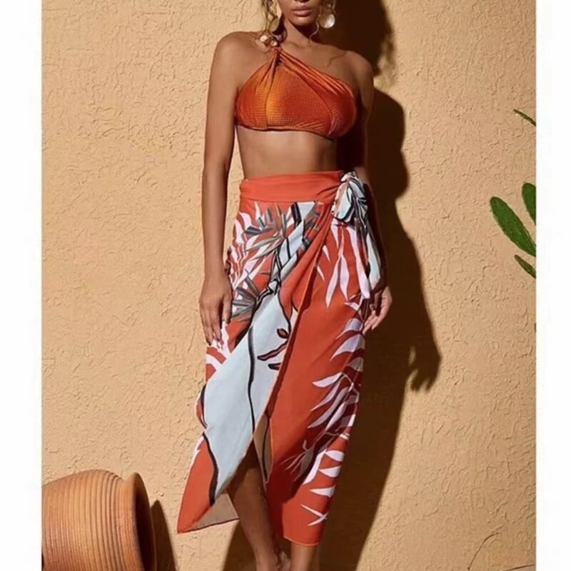 Eine Schulter hohe Taille 3 Stück Sets Bikini Rock Frauen 2024 Biqunis Beach wear Badeanzug Print Monokini Sommer Badeanzug