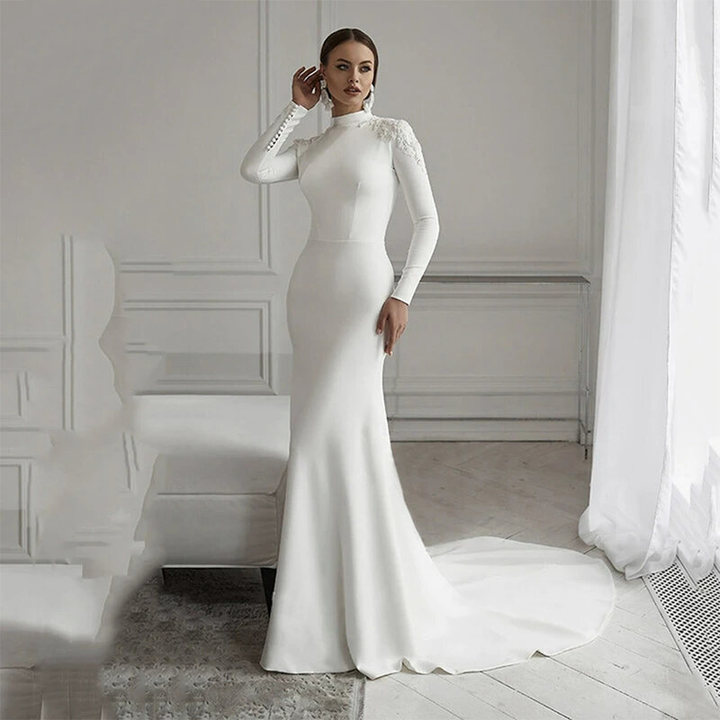 Женское свадебное платье-русалка, белое платье с длинным рукавом в мусульманском стиле