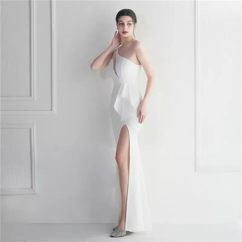 Sladuo Damen eine Schulter ärmellose Bildschirm Perspektive Empire Taille Rüschen elegante lange Schlitz Party formelle Kleid
