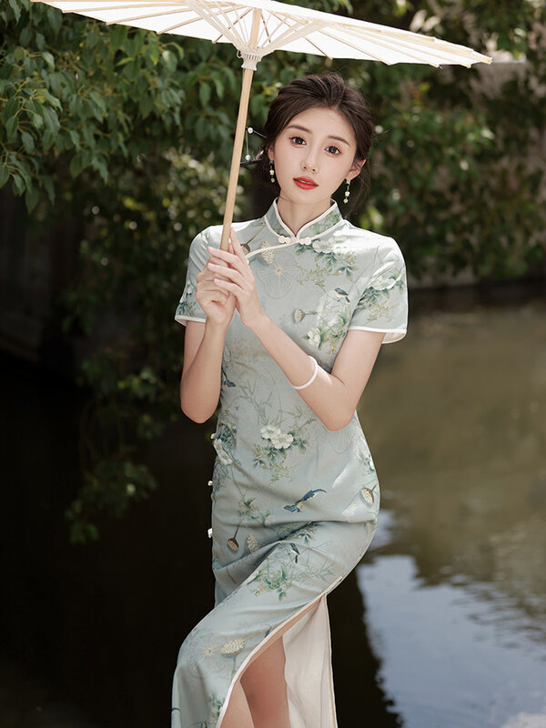 Vestido estampado para festa de baile feminino cheongsam manga curta vestido sexy de cetim elegante vestido de qipao colarinho mandarim vestido de festa