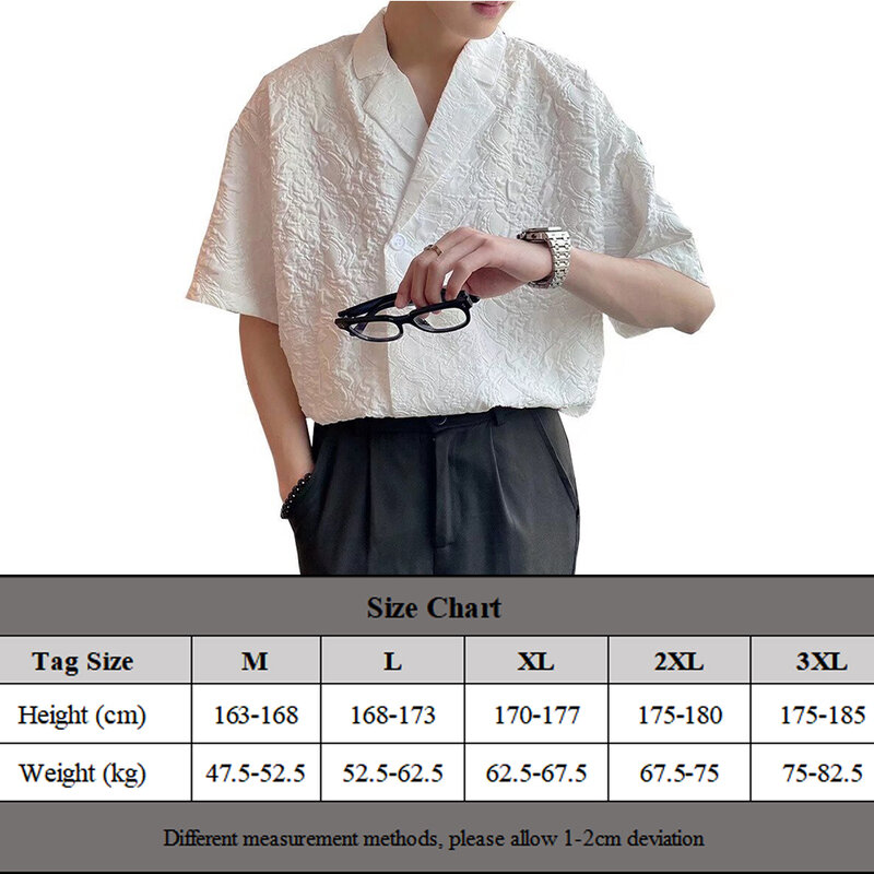 Top Shirt Casual Lapel Polyester Relief Pattern Shirt Short Sleeve Solid Color Summer Top Fashion High Quality
