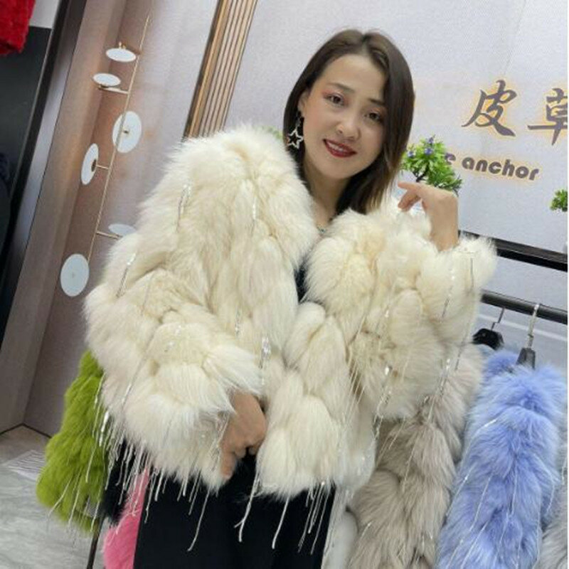 Naturalne futro z lisa płaszcz z frędzlami moda zimowe ciepłe futro kobiety coatreal kurtki z futra lisa futro płaszcze grube kurtki