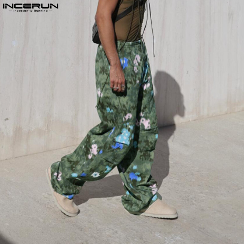 INCERUN 2024 미국 스타일 남성 바지, 패션 인쇄 디자인 판탈롱 캐주얼 스트리트웨어, 와이드 레그 카고 롱 팬츠, S-5XL 신제품