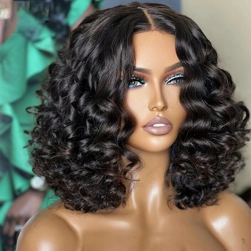 Preplucked Glueless Blunt Short Bob Natural Black Kinky Curly Soft Deep Wave Lace Front Wigs For Women With Babyhair Daily