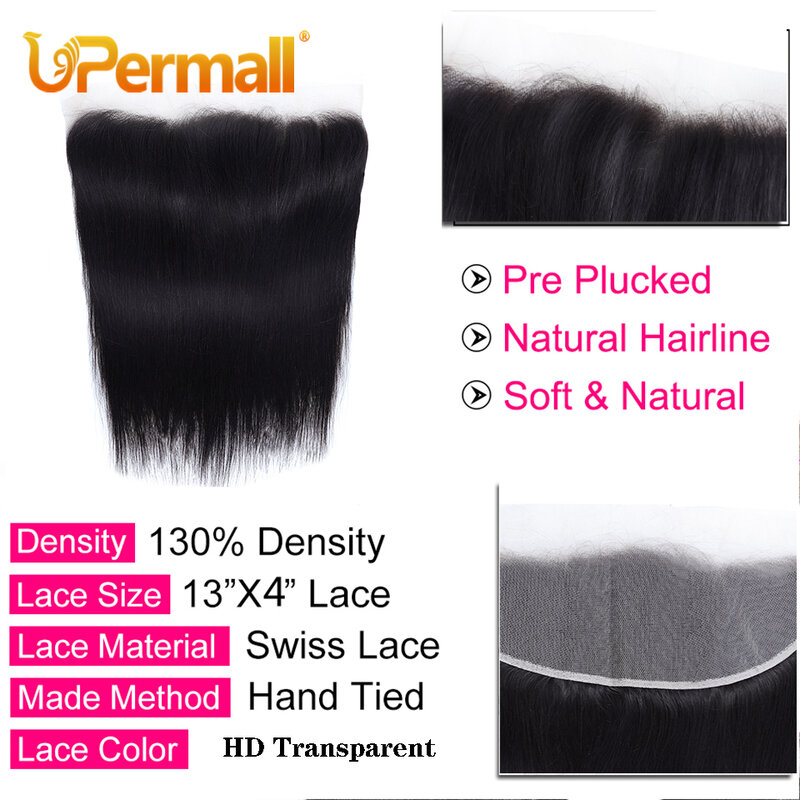 Upermall-mechones de cabello humano liso Remy 2/3/4 con Frontal, brasileño, transparente, prearrancado, cierre de encaje de 13x4 y paquete de 10A