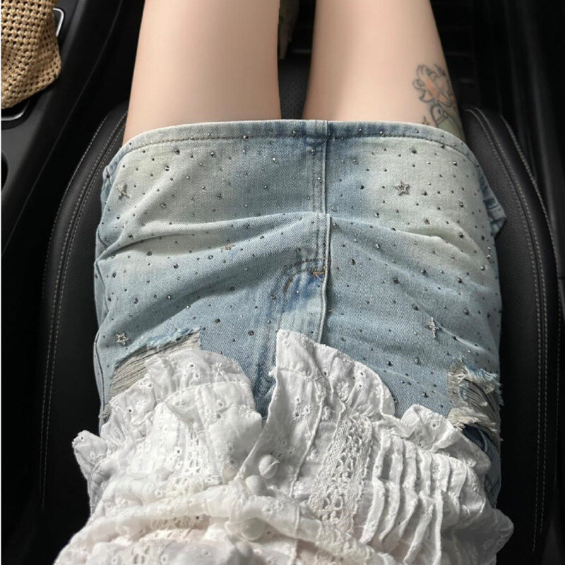 Rok Mini wanita kantung bor panas baru rok pendek Denim baru musim panas rok Jeans estetika Y2k Coquette 2000s