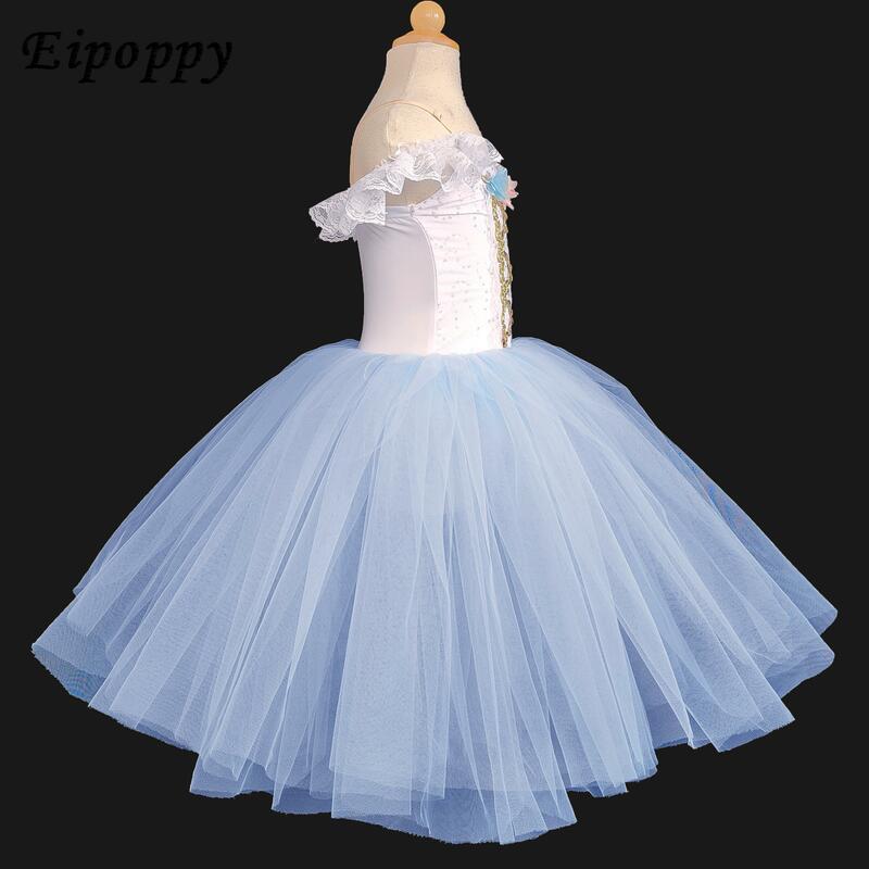 Costume de Ballet Professionnel Bleu, Ballerine Classique, Tutu de Princesse, Robe Longue de brevpour Enfant Fille et Adulte