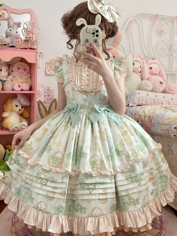 Vestido corto de princesa Lolita Jsk para mujer, traje de estilo Rural, Kawaii, con volantes, estampado de uvas, con lazo, para fiesta de verano