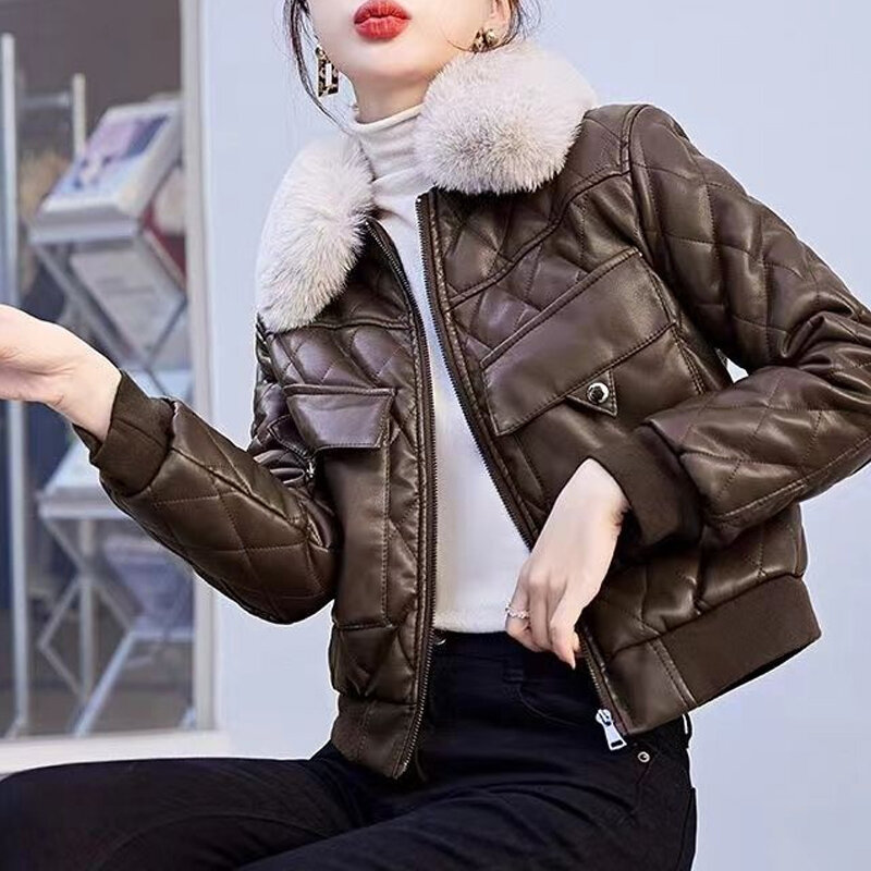 여성용 긴팔 인조 가죽 재킷, 하이 스트리트 지퍼 포켓, 두꺼운 올 매치 카디건, 단색 패션, 가을 겨울