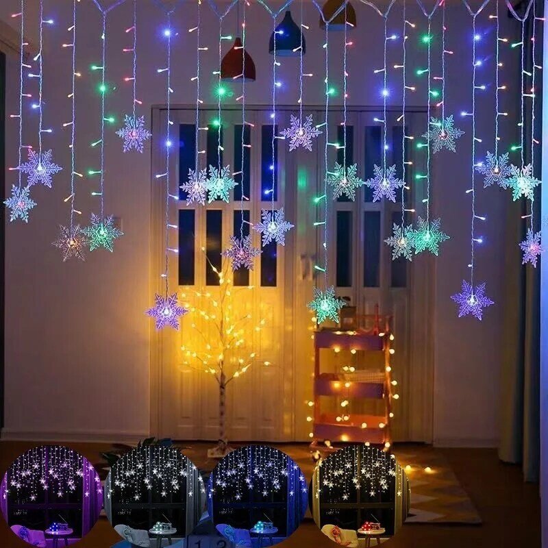 Guirxiété lumineuse LED flocon de neige de Noël intérieur et extérieur, lumières dégradées, rideau, feston, fête de vacances, décoration du Nouvel An