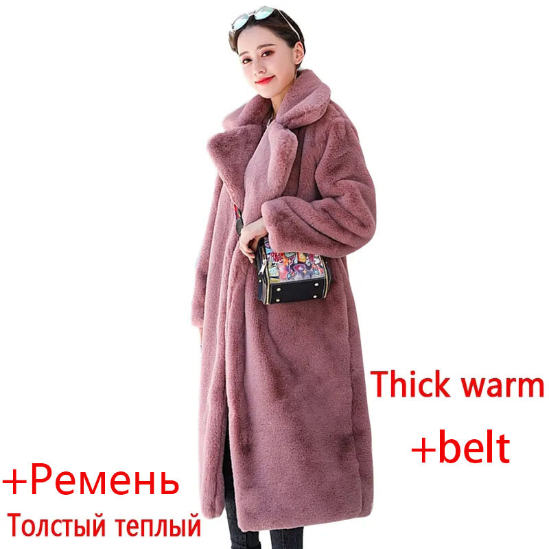 フェイクウサギの毛皮のコート,女性のための豪華な長い毛皮のコート,ルーズフィット,厚く,暖かい,大きなサイズ,冬