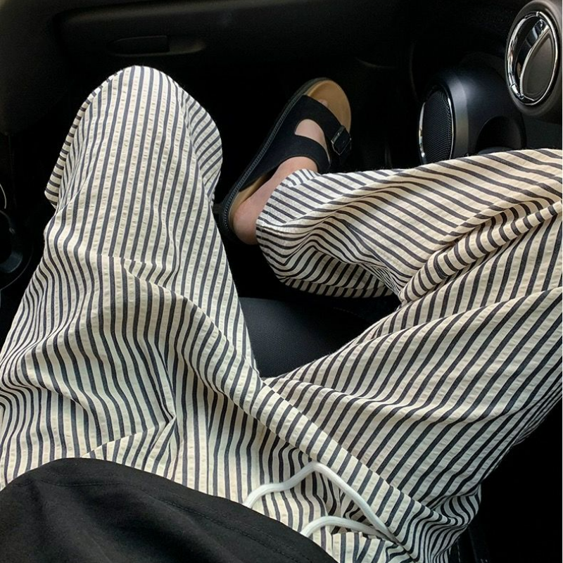 Pantalones de pierna ancha a rayas verticales para mujer, Pantalón recto, suelto, elástico, cintura alta, bolsillo con cordón, moda americana Vintage, Verano