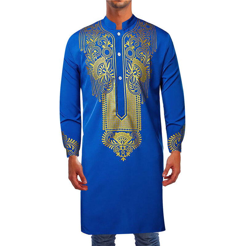 Lente En Zomer Heren Moslim Gewaden Etnische Kleding Casual Mode Stempelen Pullover Shirt Totem Lang Shirt Moslim Straight Shi