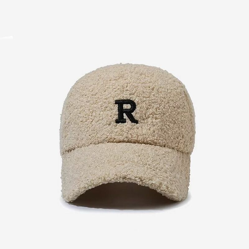 Gorra de béisbol bordada de felpa R, gorro de lana de cordero con letras, visera, para exteriores
