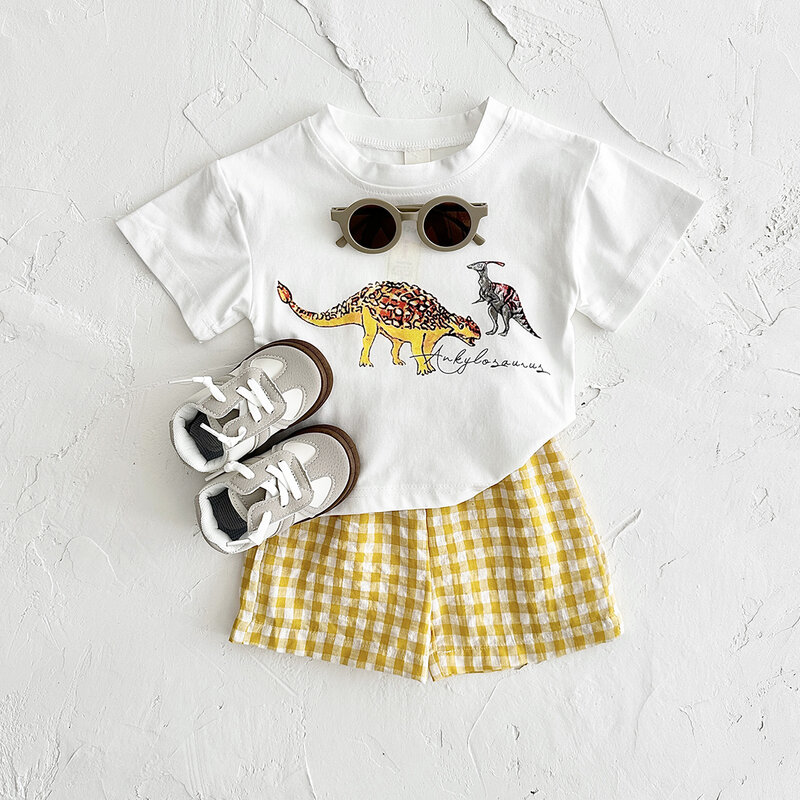 Newborn's Casual Dinosaur Print Short Sleeved T-shirt e Xadrez Shorts, Baby Clothes Set, Toddler Outfit, Kids, Girls, Boys, Summer, 2pcs