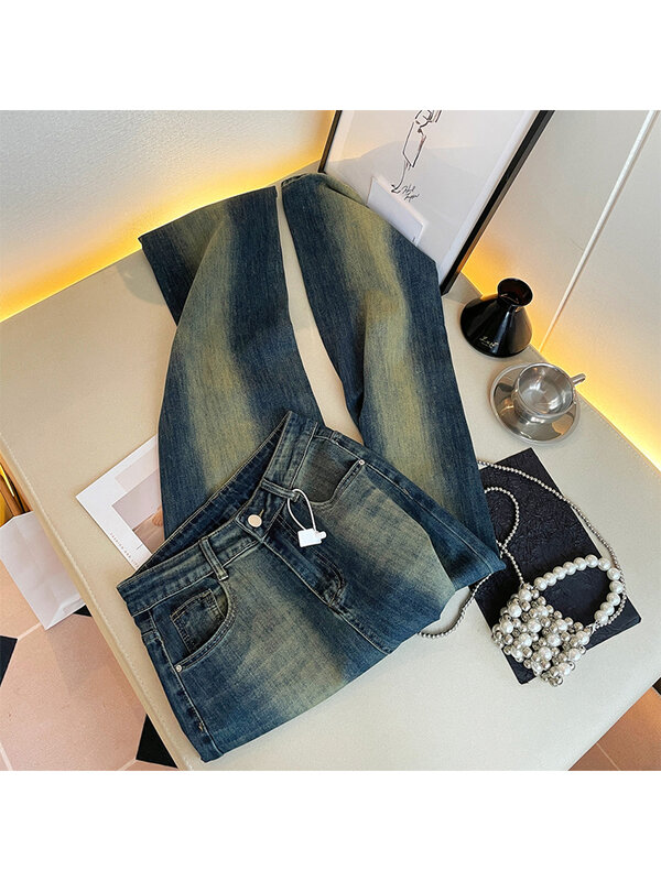 Workowate dżinsy damskie Vintage 2000s Y2k 90s estetyczne Harajuku niebieskie spodnie jeansowe koreańskie wysokie talia szerokie nogawki kowbojskie spodnie ubrania