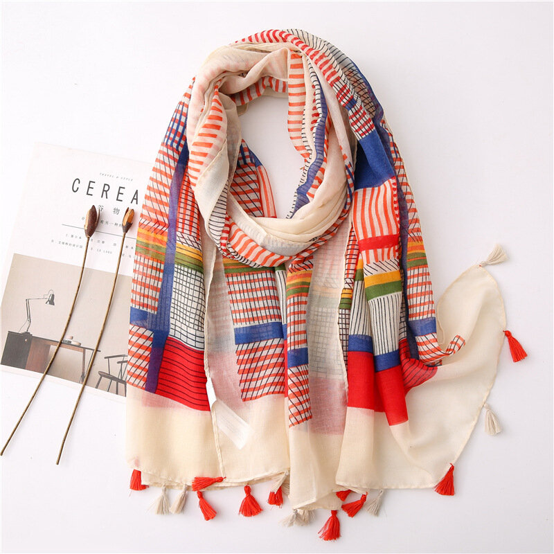 Bandanna Muslim headscarf outdoor cotton and linen scarf the four seasons warm tassel shawl popular print beach towel