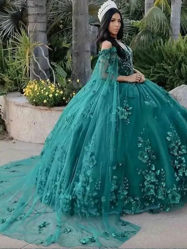 Dark Green Tulle Quinceanera Dresses with Shawl V Neck Prom Ball Gowns  Evening Birthday Party Dress Lace Up Graduation Vestidos
