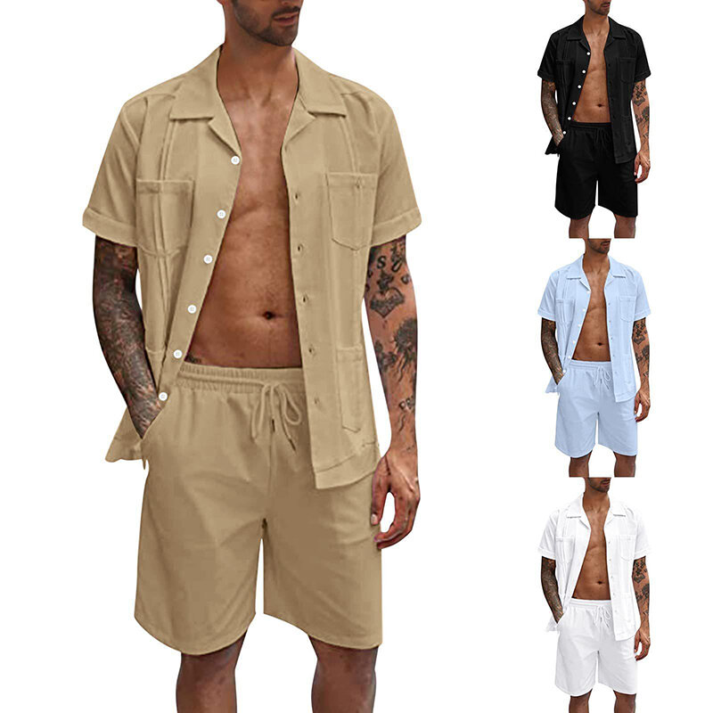 Men's Shirt Shorts Suit Summer Solid Color Leisure Lapel Pocket Button Short Sleeve Shorts Suit Everyday Street Wear S-2XL