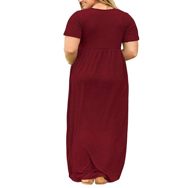 Gaun ukuran besar wanita musim panas XL-5XL 2023 gaun panjang wanita kasual berlipat warna polos leher bulat lengan pendek dropshipping