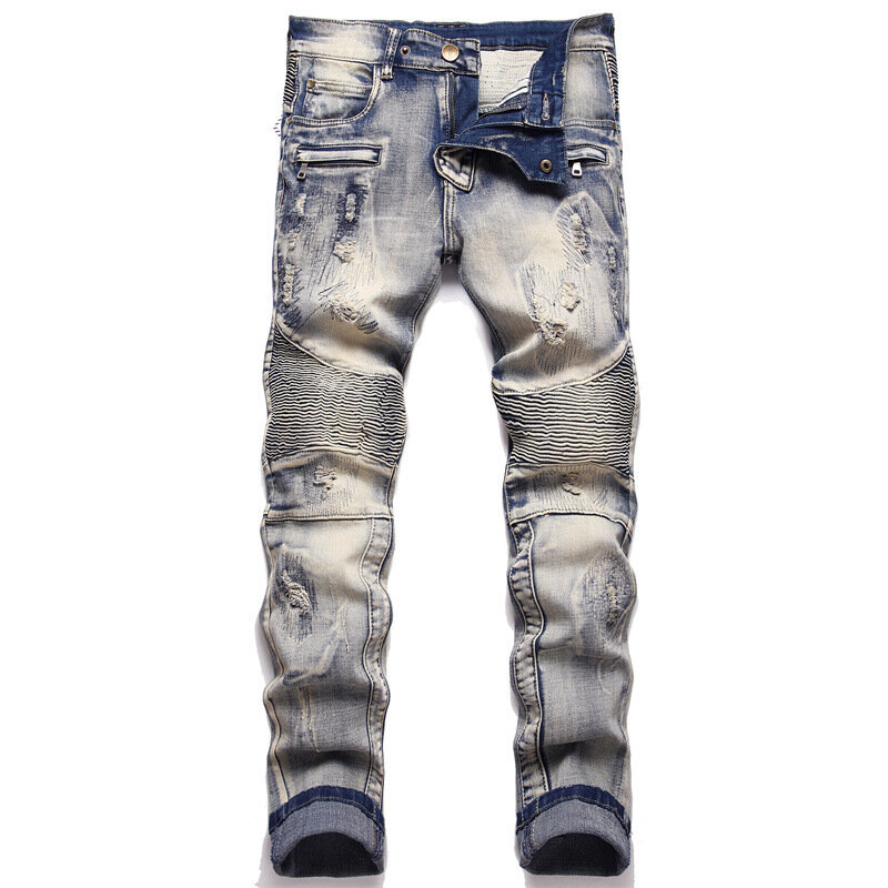 Pantalones vaqueros de motocicleta Vintage plisados para hombre, pantalones desgastados lavados a la moda con bolsillos y cremallera, costura de arañazos