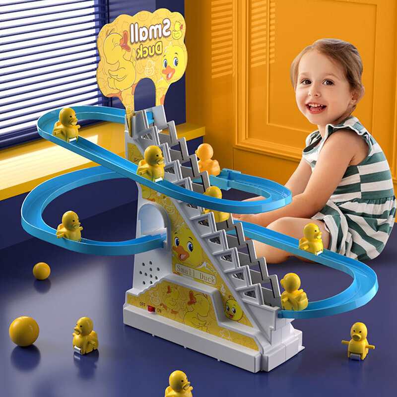 รถไฟเหาะตีลังกาไฟฟ้าสำหรับเด็กเป็ดเด็กหญิงเด็กชายของเล่นสไลด์ของเล่นบันไดปีนสำหรับเด็ก