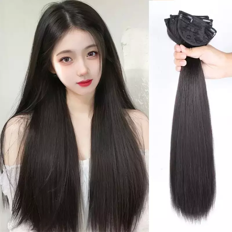 ALXNAN ekstensi rambut sintetis lurus, ekstensi rambut berbentuk V tahan suhu tinggi, hiasan rambut hitam cokelat