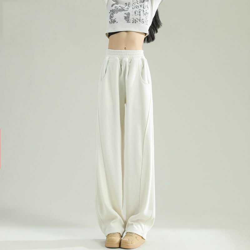 Calça casual monocromática de elasticidade de cintura alta feminina com bolsos em retalhos, solta, esportiva, reta, outono, inverno, 2022
