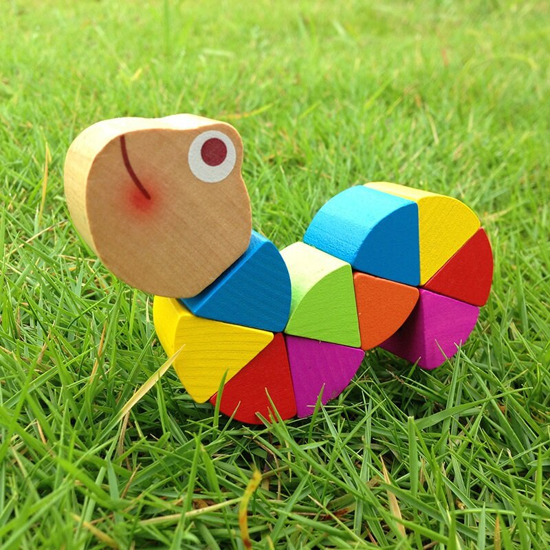 2 buah mainan bayi kayu perkembangan kecerdasan warna dapat berubah bentuk ulat hangat warna-warni mainan DIY pendidikan dini