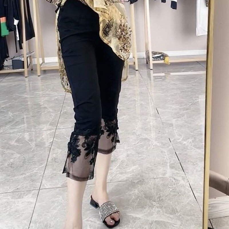 Однотонный тонкий Дамский карандаш, летняя модная Лоскутная кружевная ажурная Женская одежда с высокой талией, черные брюки до щиколотки