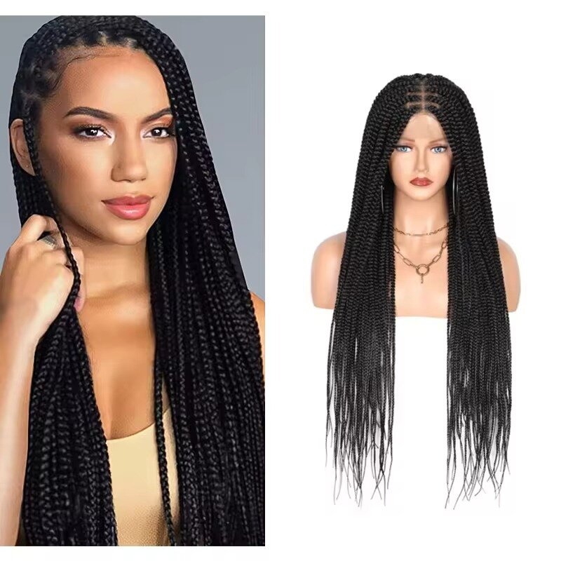 32 дюйма, Черный Плетеный парик на сетке спереди для африканских женщин, синтетические плетеные волосы, парики с Babyhair, термостойкие волоконные длинные косы