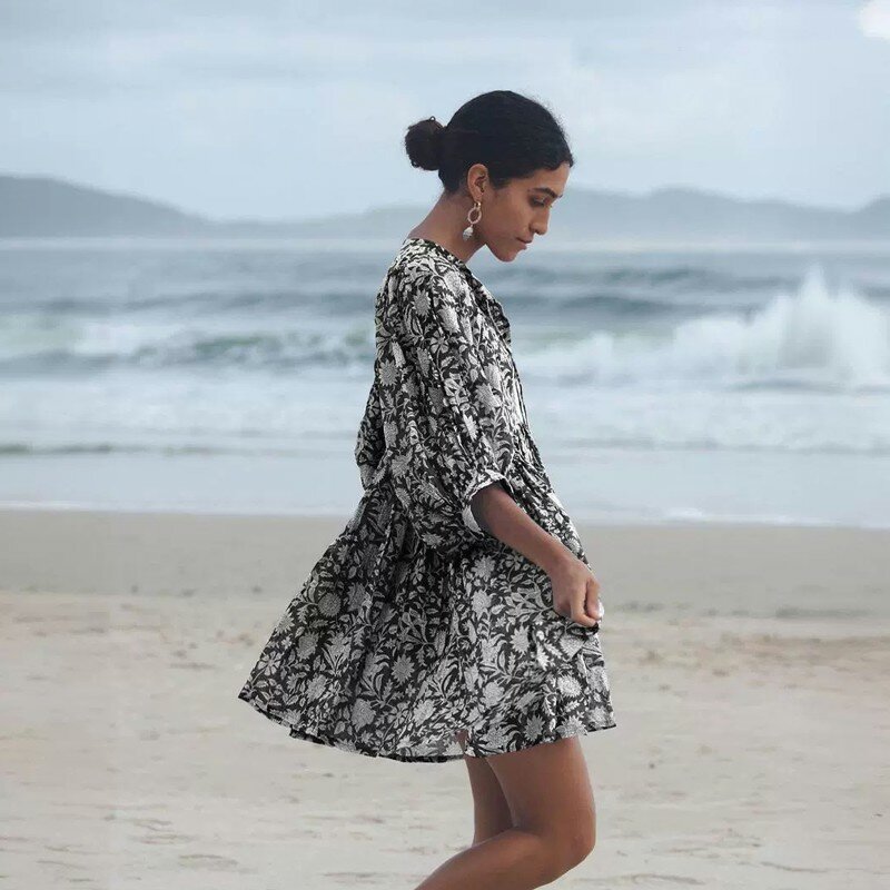 여성용 꽃 타이 로프, 느슨한 캐주얼 코튼 원피스, 해변 휴가 짧은 드레스, 2023 여름 패션