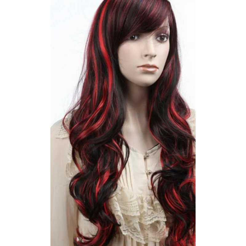 Парик az77 длинные вьющиеся косплей волосы модный парик многоцветные красные термостойкие полные парики