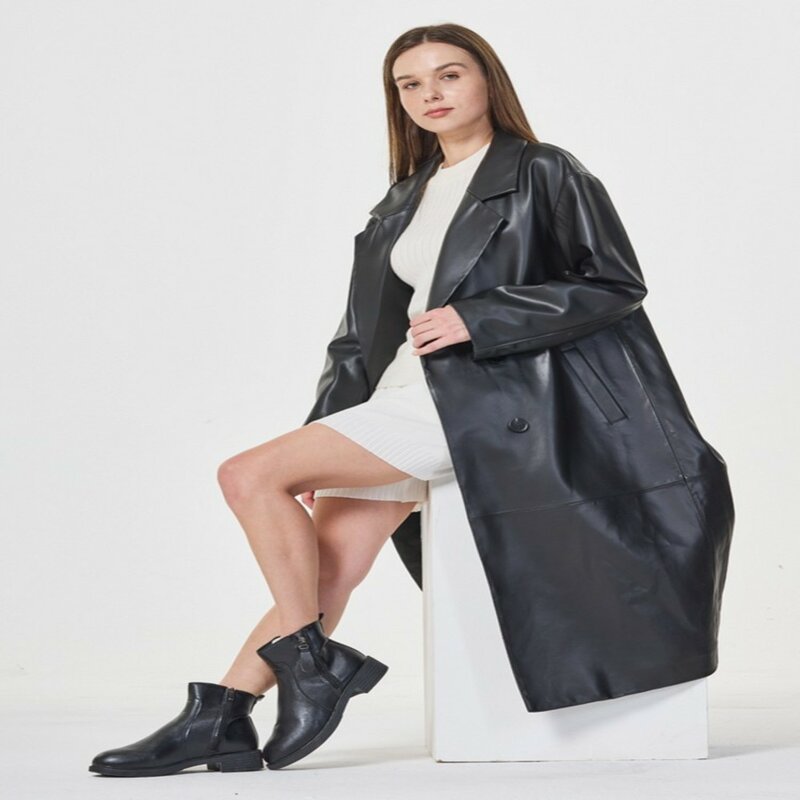 Stil britische Wind jacke Frauen lange echte Lederjacke 100% echtes Schaffell zweireihig locker sitzen Trenchcoat Größe S-8XL