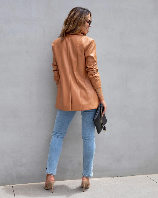 Mantel kulit tiga warna, jaket kulit gaya jalanan warna polos kasual musim gugur/musim dingin 2024