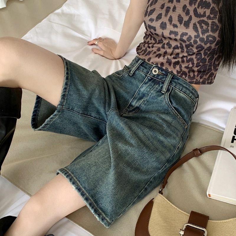 Jeans shorts Frauen Sommer lose Knopf Reiß verschluss taschen Vintage Retro hohe Taille koreanischen Stil lässig gemütlich solide einfach All-Match