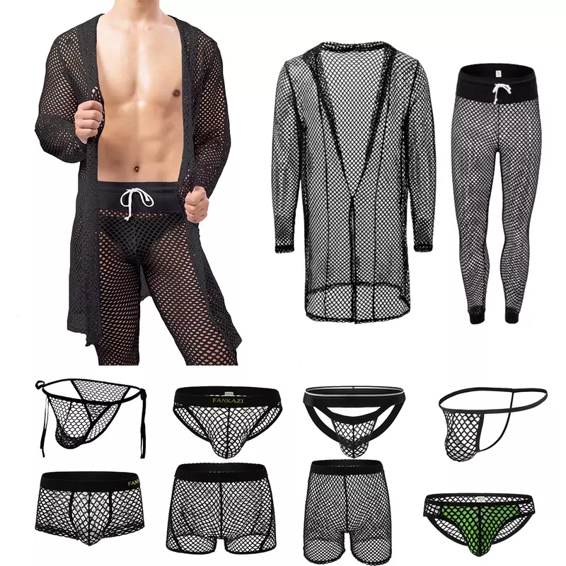 YUFEIDA-Pijama Sexy de rejilla para Hombre, ropa de dormir, calzoncillos ahuecados, tangas, pantalones cortos, ropa interior, albornoz, vestido, ropa interior para el hogar