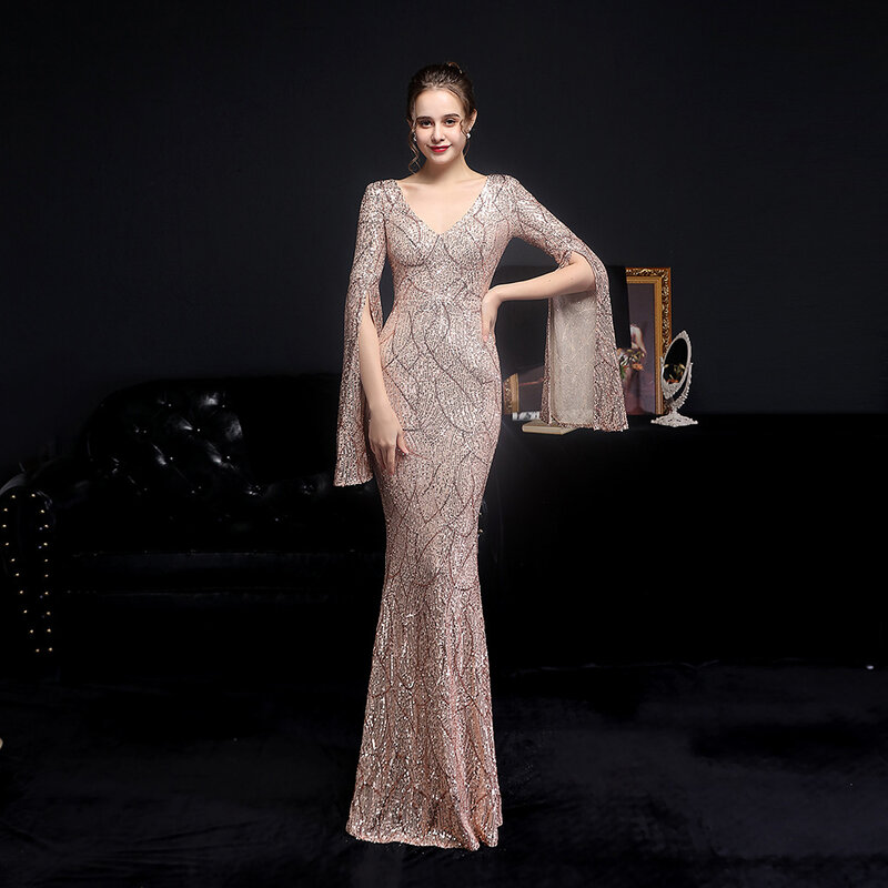 Женское вечернее платье-русалка, золотистое платье с блестками, длинным рукавом и V-образным вырезом, бальное платье для торжества, свадьбы, гостей, вечеривечерние