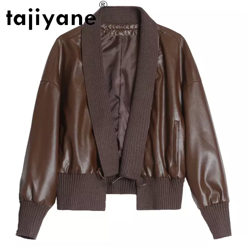 Tajiyane casaco de couro genuíno de pele de carneiro, jaqueta curta feminina, da moda, fina, com outono 2021