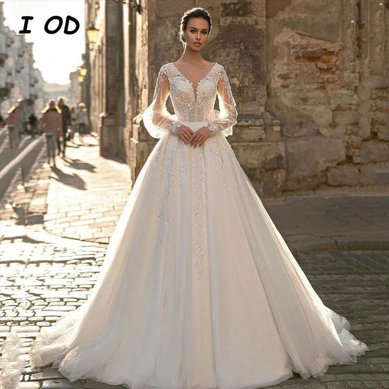 I od elegantes Hochzeits kleid V-Ausschnitt Puff ärmel Applikation rücken frei boden lang Tüll Brautkleid Vestidos de Novia nach Maß