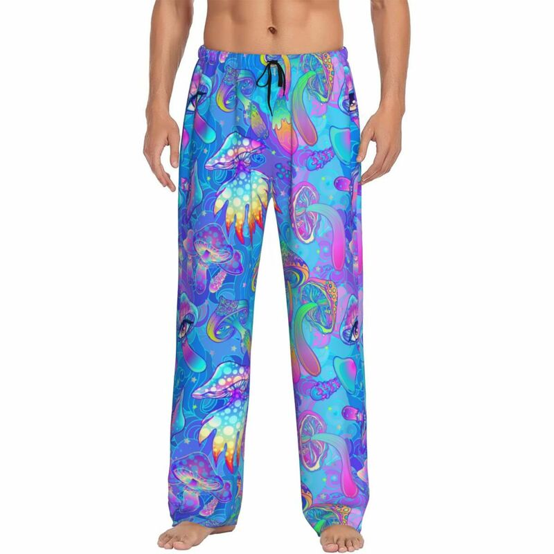 Calça psicodélica personalizada de pijama boho estampada masculina, cogumelo mágico, roupa de dormir, fundo com bolsos