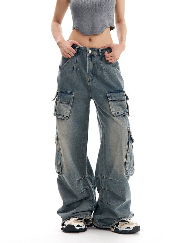Celana kargo wanita, Jeans Vintage longgar dengan beberapa kantong, celana kargo Denim, pakaian jalanan kaki lebar kasual 2024
