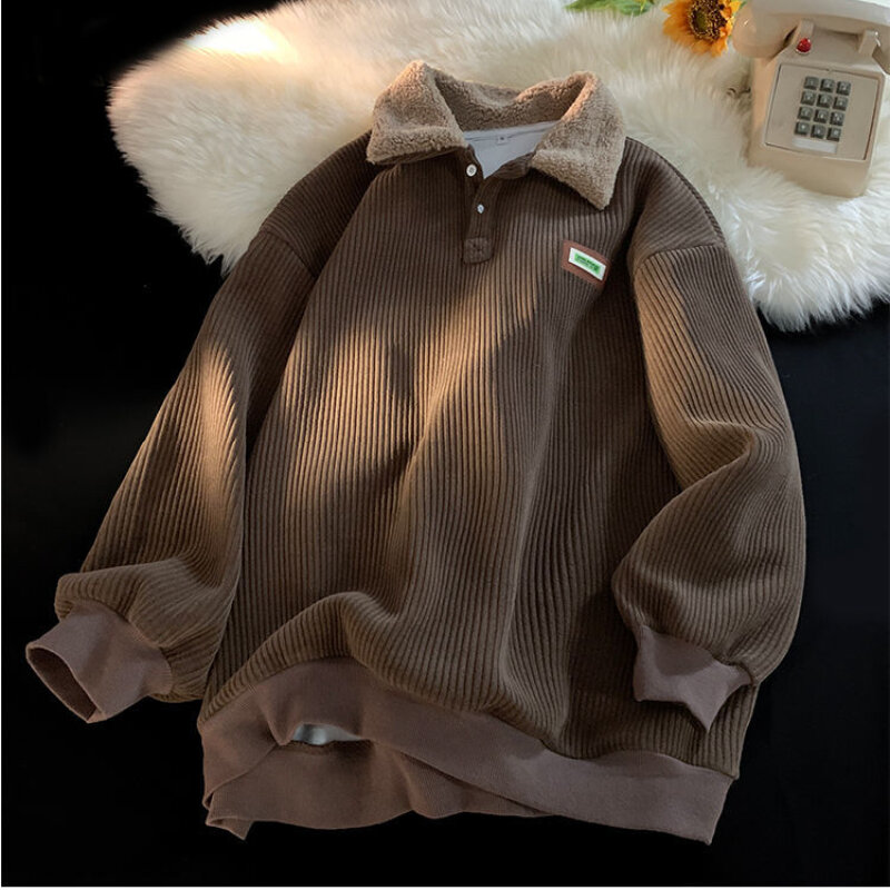 Sudaderas con capucha Vintage Harajuku para mujer, jersey de pana gruesa de gran tamaño con botones, Polo contrastante cálido
