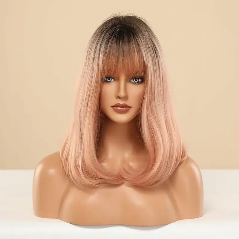 Wig rambut pesta wanita, mode panjang gelap akar Ombre merah muda poni Cosplay alami