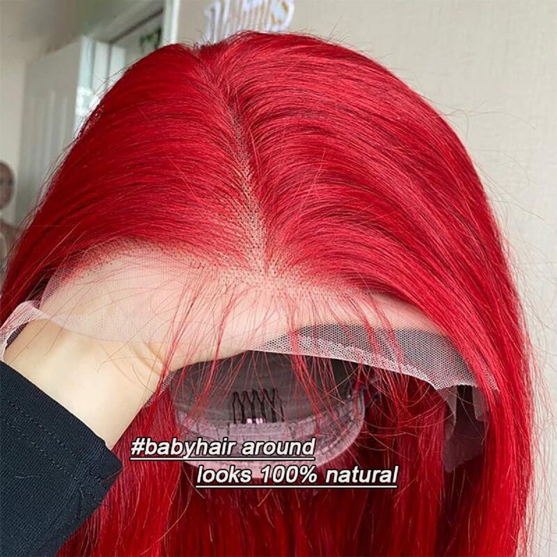 Kolorowe peruki Bob ludzkie włosy 13x4 HD przezroczyste koronkowe peruki z przodu brazylijski bezklejowy czerwony kolor prosty Bob koronka peruka dla kobiety