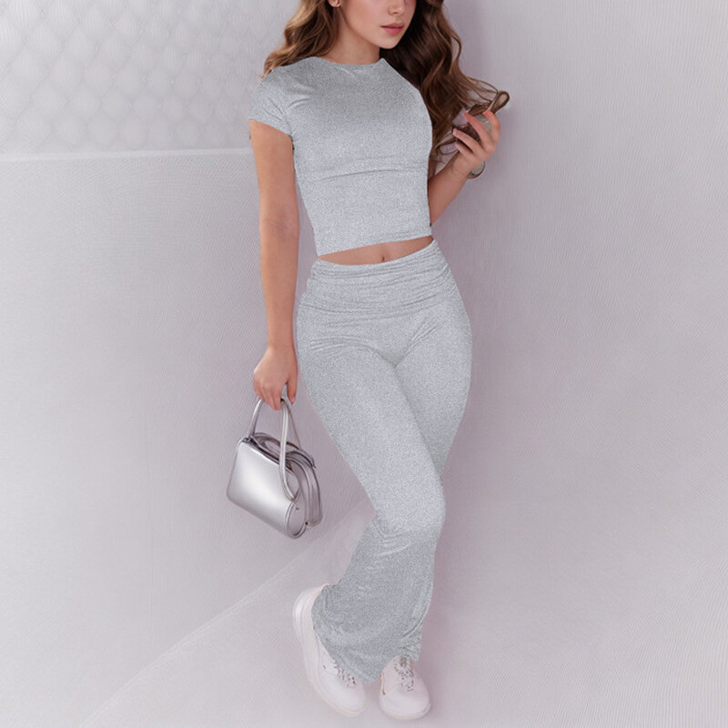 Lounge Sets For Women 2 Piece Short Sleeve Crop Tops Fold Over Flare Pants Casual Going Out Y2K Outfits Tracksuits