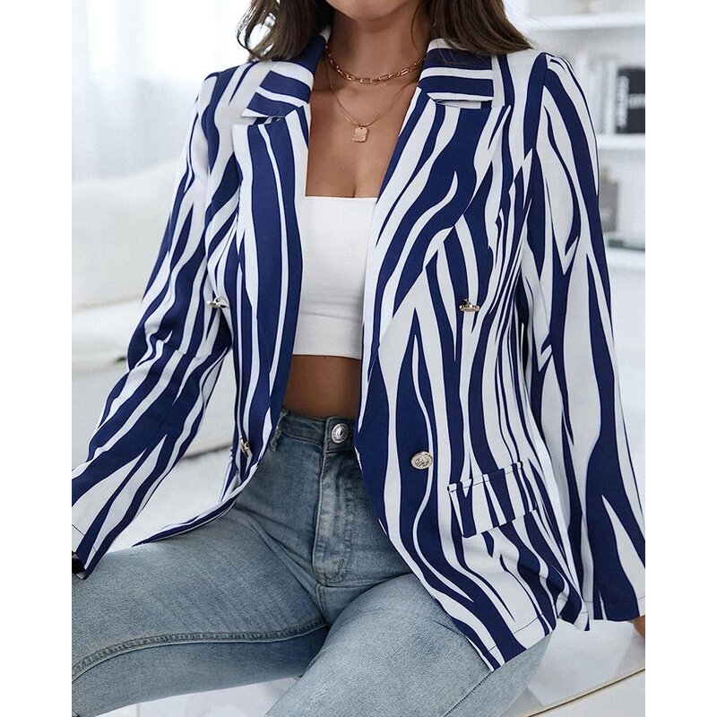 Women Autumn Striped Print Double Breasted Blazer Coat Femme Spring Long Sleeve Jacket Top Outwear Office Lady Outfits Workwear