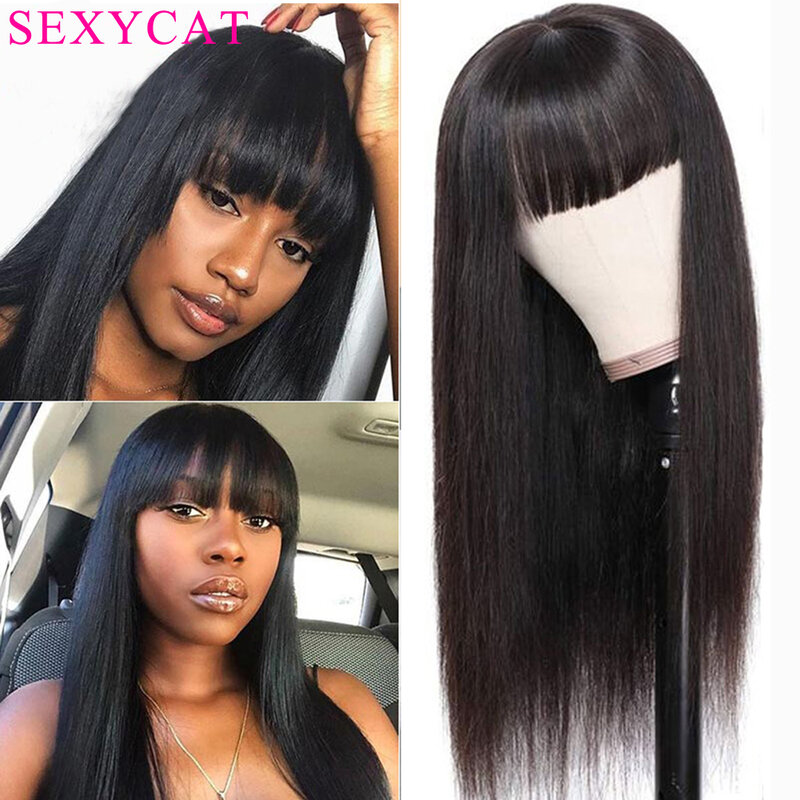 SexyCat-Peluca de cabello humano liso con flequillo para mujeres negras, pelo sin pegamento, hecho a máquina, Color Natural, 1B